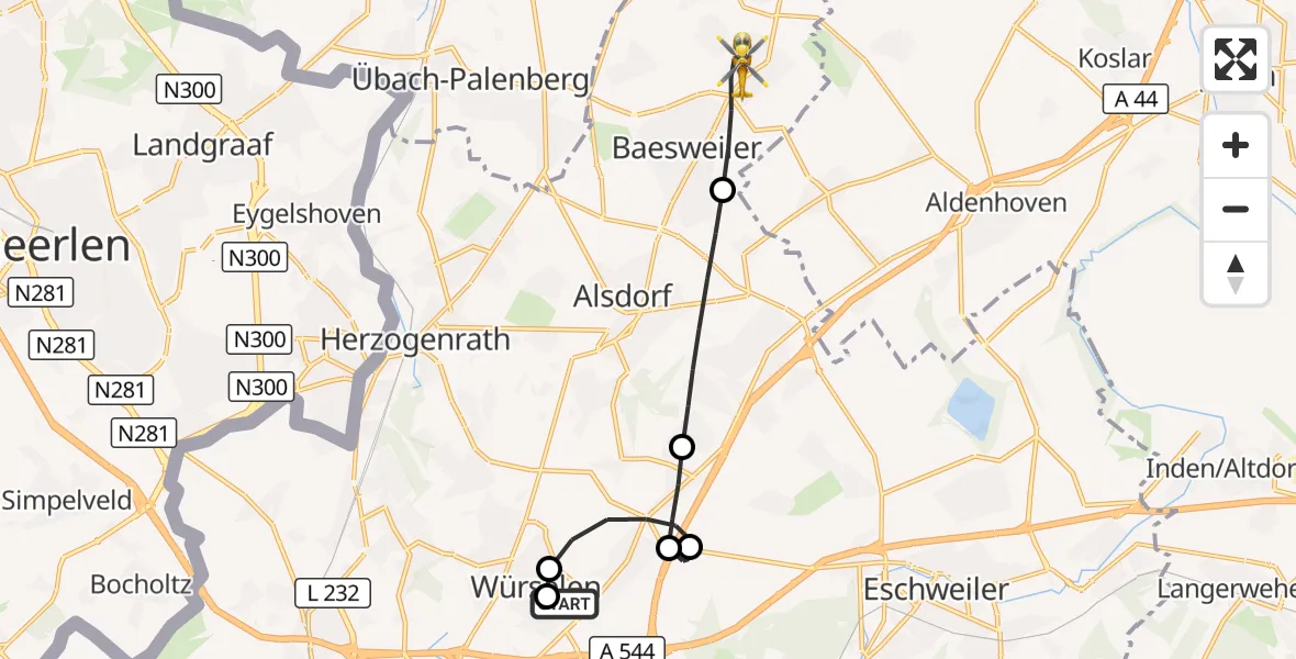 Flugroute Rettungshubschrauber Rhein-Maas Hospital - Baesweiler, 27 September 2026, 14:51