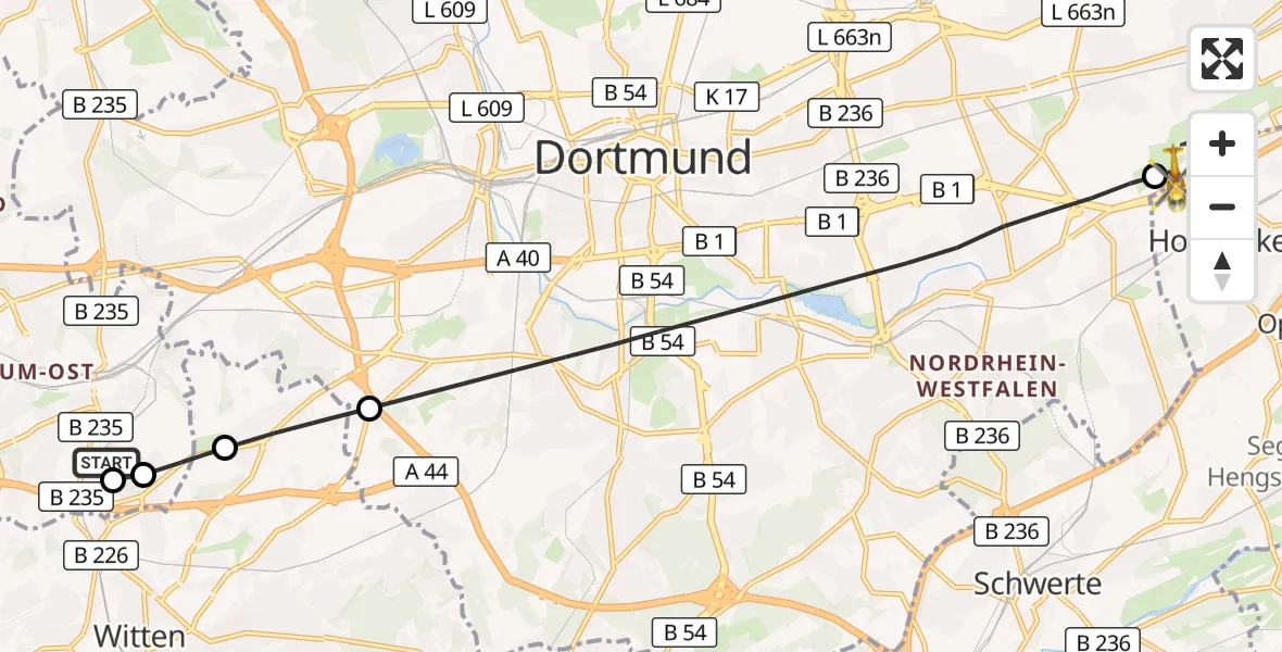 Flugroute Rettungshubschrauber Bochum University Miners' Hospital - Dortmund Flughafen, 27 September 2026, 14:57