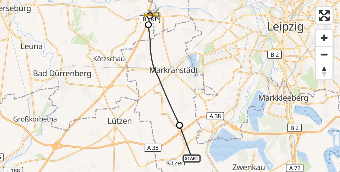 Flugroute Rettungshubschrauber Pegau - ADAC Air Rescue Station Leipzig/Schkeuditz-Dölzig Hubschrauberlandeplatz (Christoph 61), 27 September 2026, 15:01