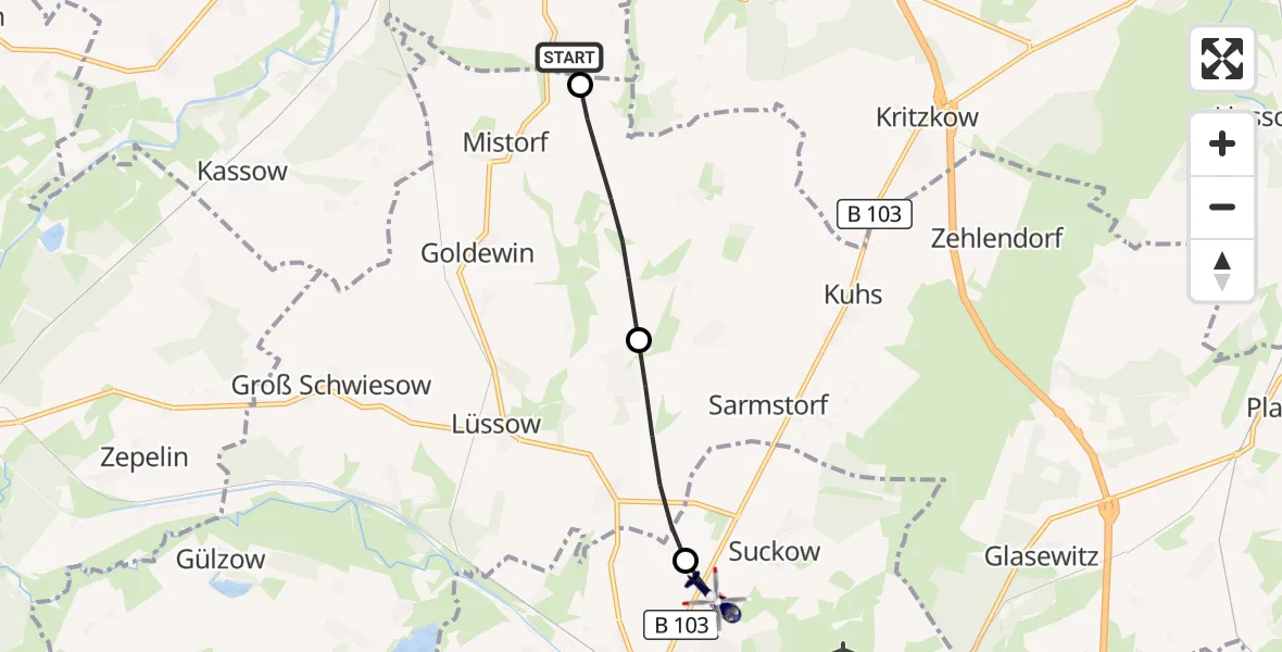 Flugroute Polizeihubschrauber Rukieten - Güstrow, 27 September 2026, 15:09