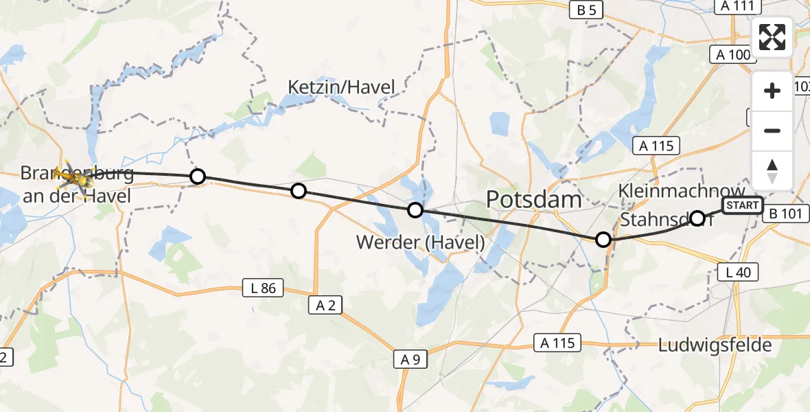 Flugroute Rettungshubschrauber Teltow - Brandenburg an der Havel, 27 September 2026, 15:14