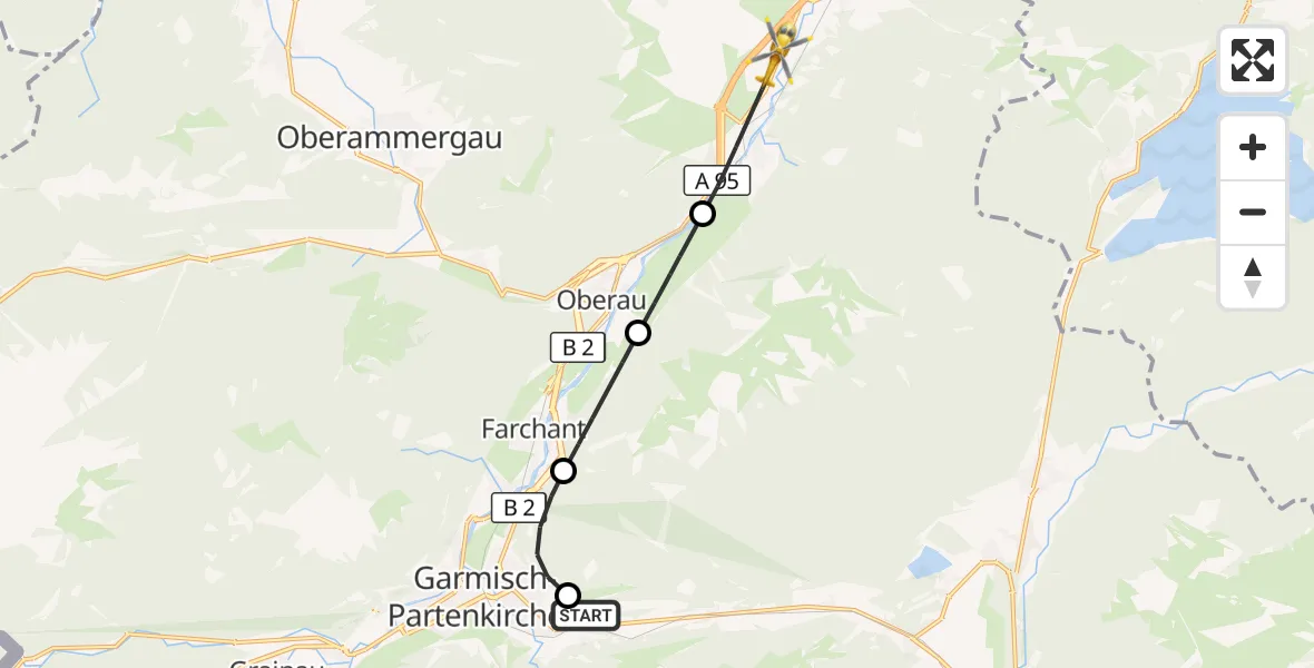 Flugroute Rettungshubschrauber Garmisch-Partenkirchen Clinic Hubschrauberlandeplatz - Eschenlohe, 27 September 2026, 15:16
