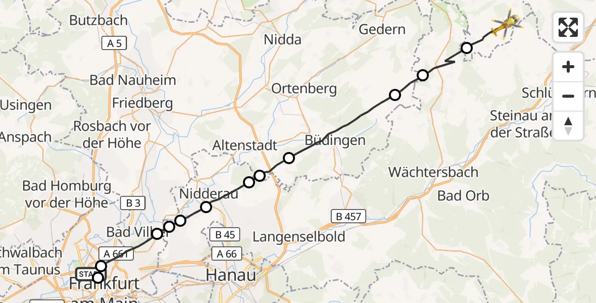 Flugroute Rettungshubschrauber Frankfurt am Main - Freiensteinau, 27 September 2026, 15:35