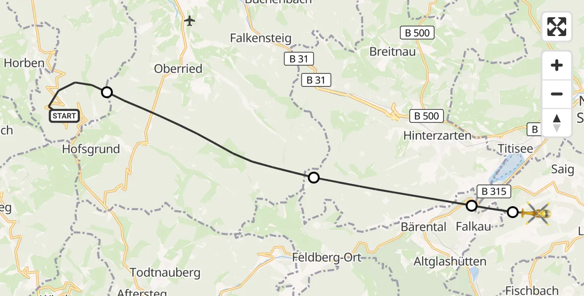 Flugroute Ambulanzhubschrauber Freiburg im Breisgau - Lenzkirch, 27 September 2026, 15:41