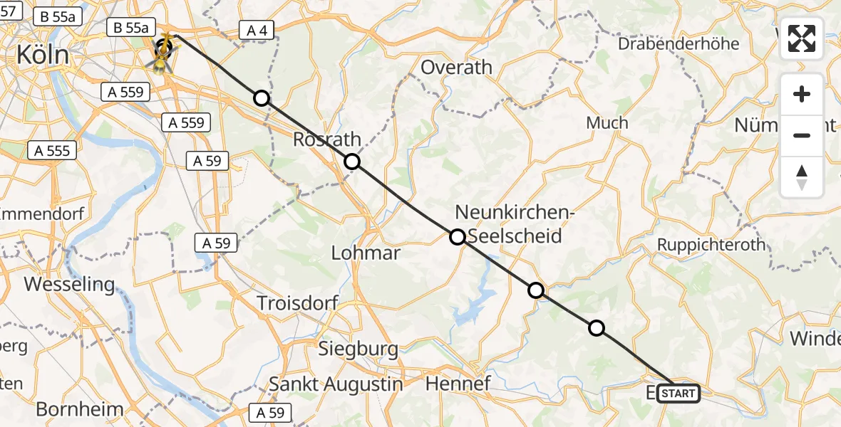 Flugroute Rettungshubschrauber Eitorf - Merheim Hospital, 27 September 2026, 15:45