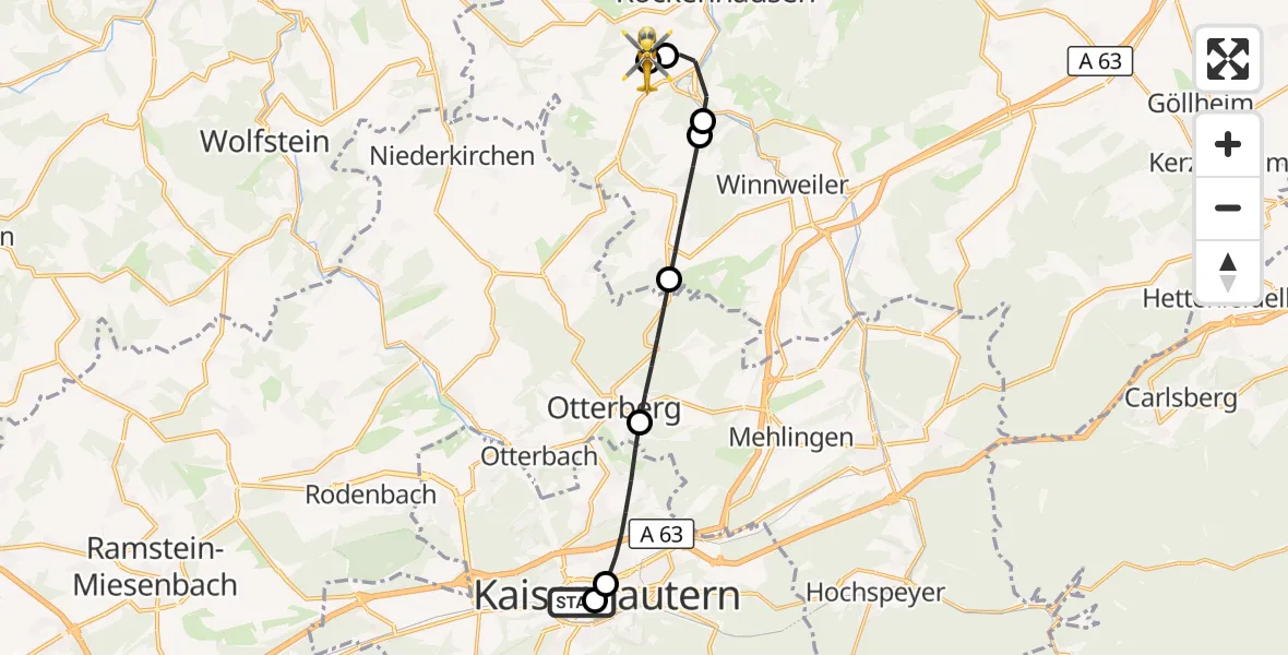 Flugroute Rettungshubschrauber Westpfalz Hospital Kaiserslautern - Rockenhausen, 27 September 2026, 15:59