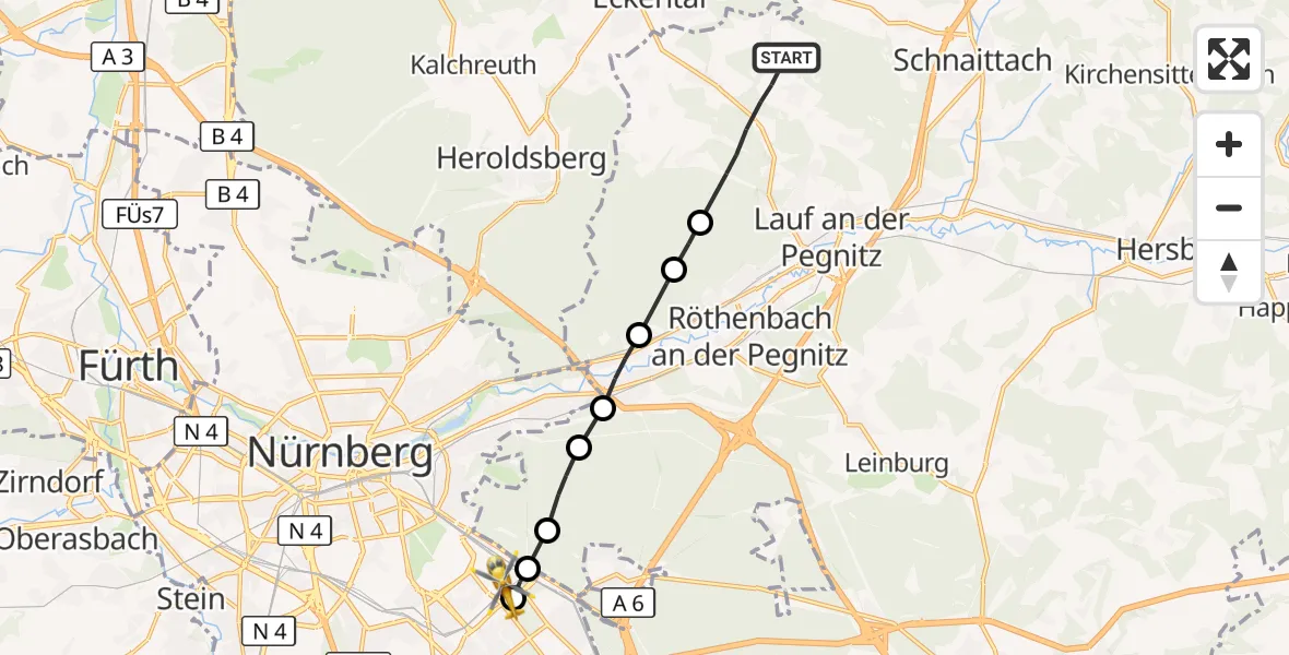 Flugroute Rettungshubschrauber Lauf a.d.Pegnitz - Nürnberg South Hospital Hubschrauberlandeplatz, 27 September 2026, 16:01