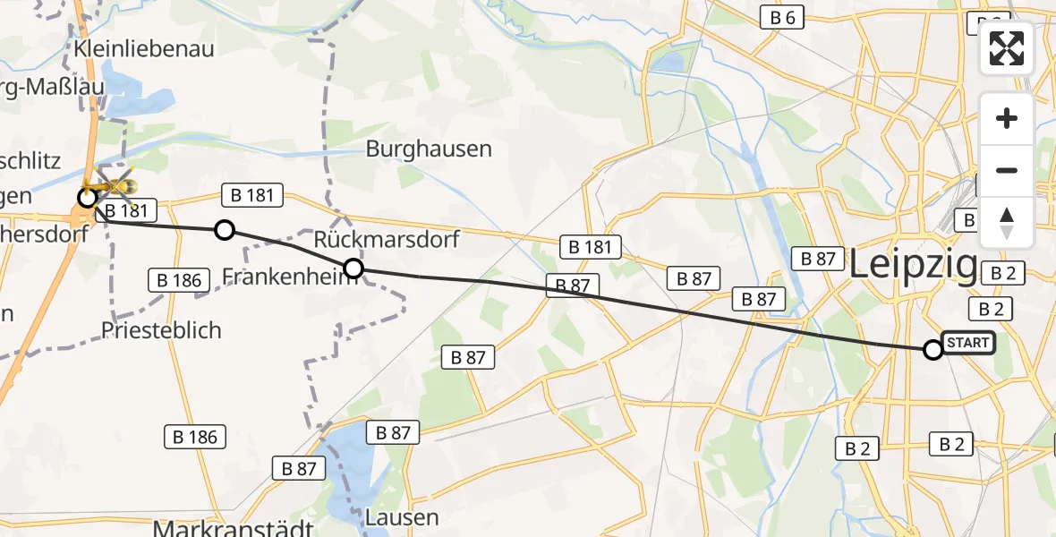 Flugroute Rettungshubschrauber Leipzig University Hospital Heliport 1 - ADAC Air Rescue Station Leipzig/Schkeuditz-Dölzig Hubschrauberlandeplatz (Christoph 61), 27 September 2026, 16:02