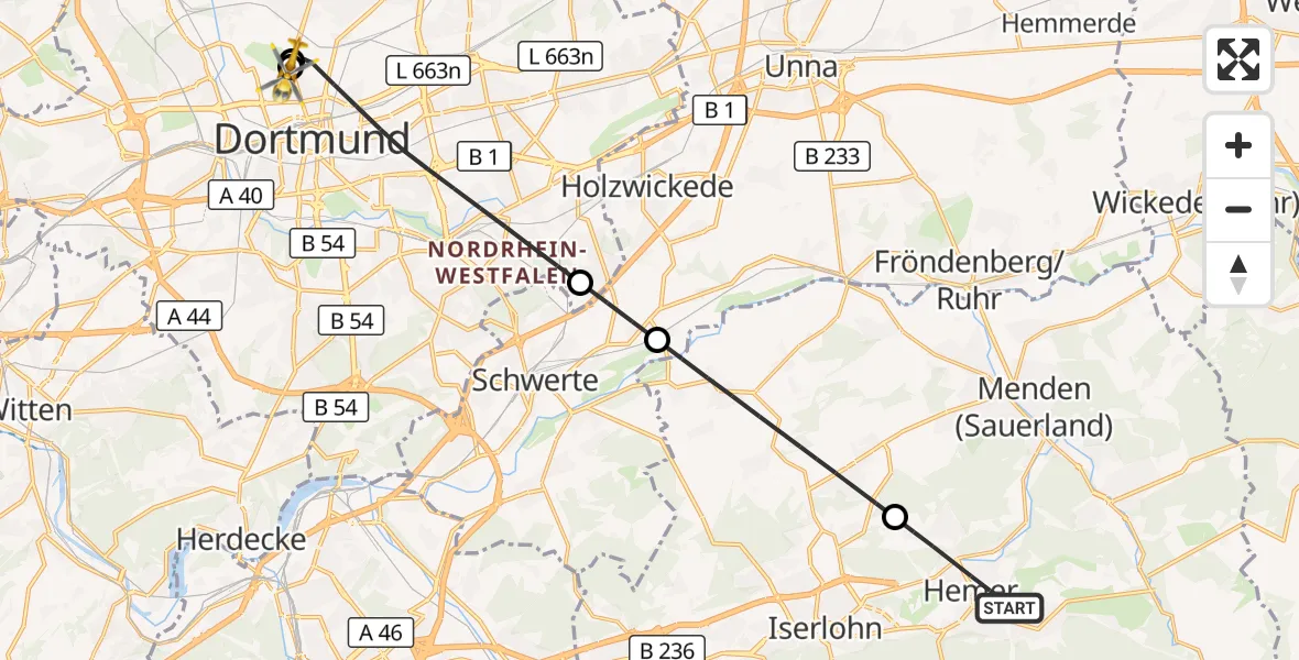 Flugroute Rettungshubschrauber Hemer - Dortmund Hospital North, 27 September 2026, 16:03