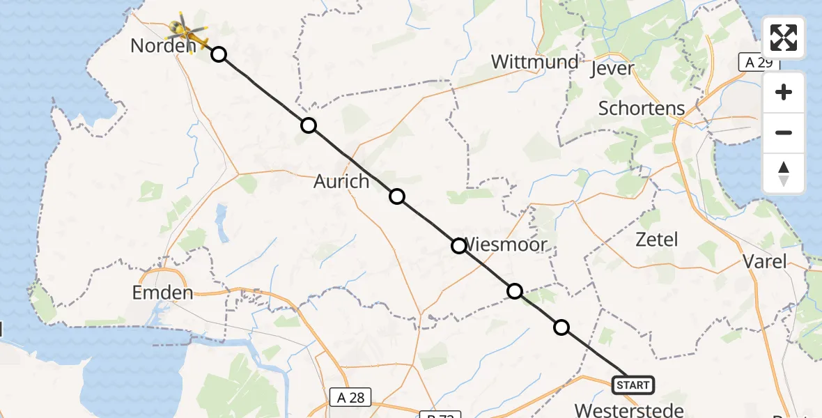 Flugroute Ambulanzhubschrauber Westerstede - Lütetsburg, 27 September 2026, 16:14