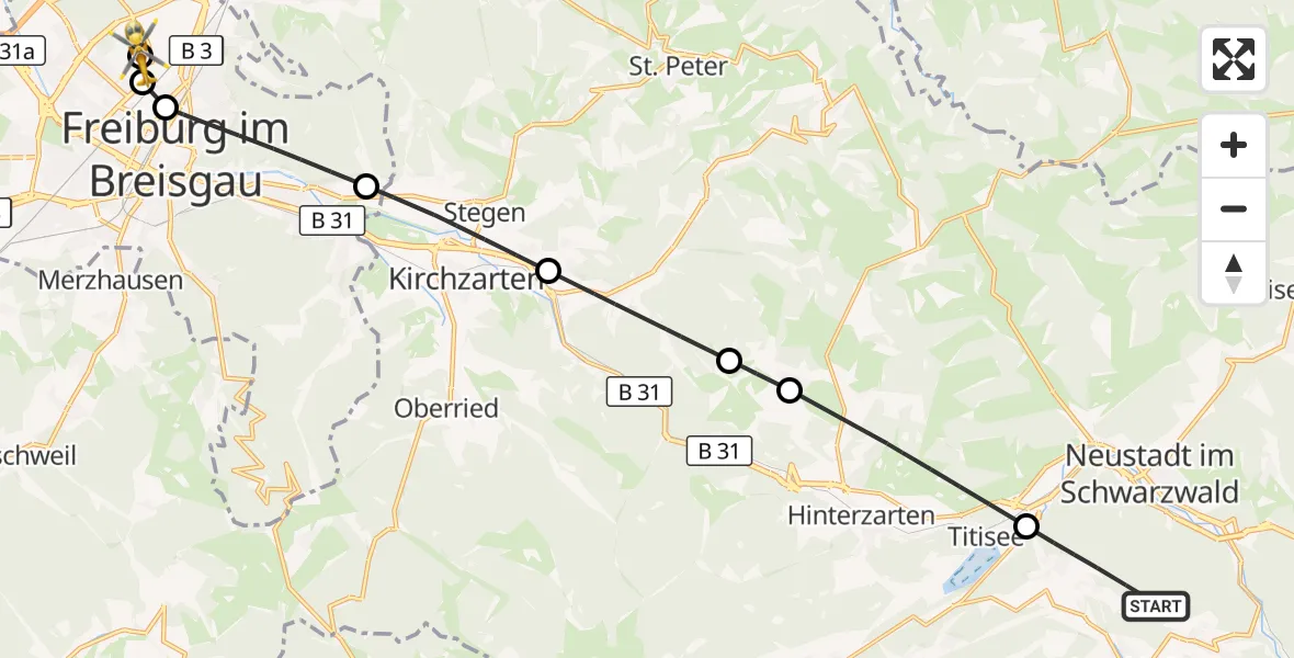 Flugroute Ambulanzhubschrauber Lenzkirch - Freiburg im Breisgau Flugplatz, 27 September 2026, 16:24