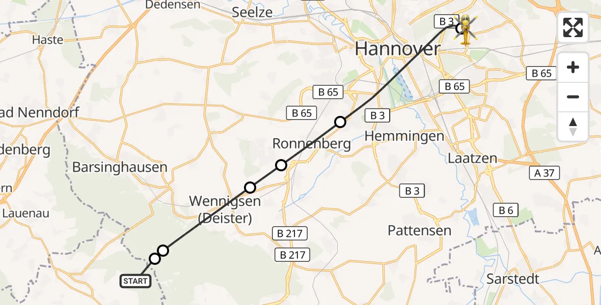 Flugroute Rettungshubschrauber Bad Münder am Deister - Hannover Luftrettung Hubschrauberlandeplatz (Christoph 4), 27 September 2026, 16:30