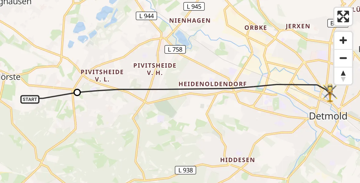 Flugroute Rettungshubschrauber Lage - Detmold, 27 September 2026, 16:32