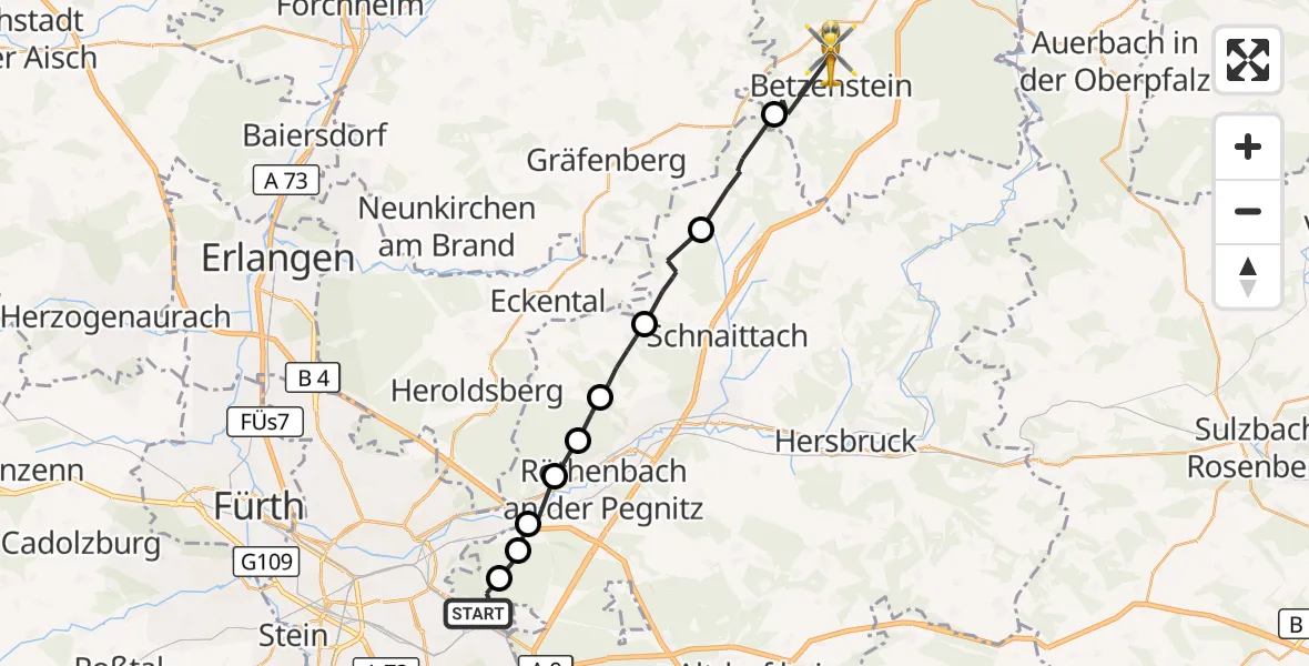 Flugroute Rettungshubschrauber Forsthof - Betzenstein, 27 September 2026, 16:37