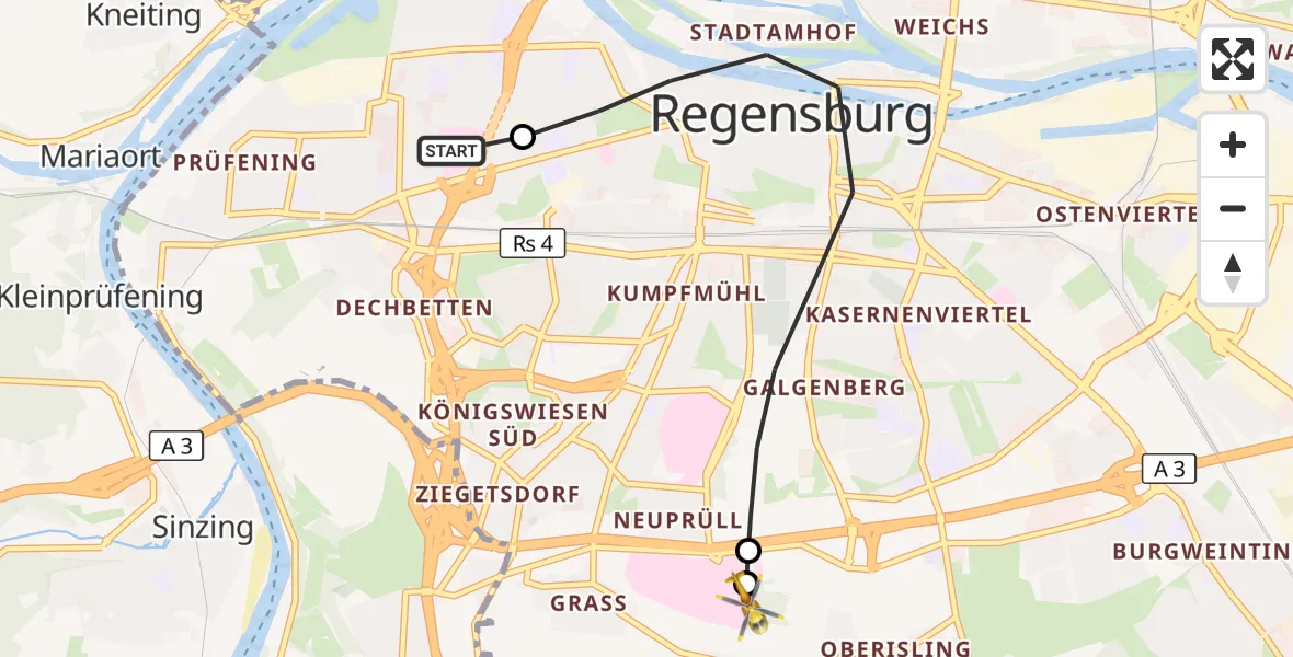 Flugroute Rettungshubschrauber Barmherzige Brüder (Brothers of Mercy) Hospital Regensburg - DRF Air Rescue Station Regensburg / Regensburg University Hospital, 27 September 2026, 16:41
