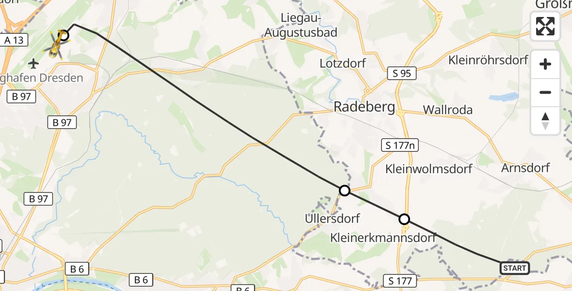 Flugroute Rettungshubschrauber Arnsdorf - Dresden Bundespolizei Hubschrauberlandeplatz, 27 September 2026, 16:46