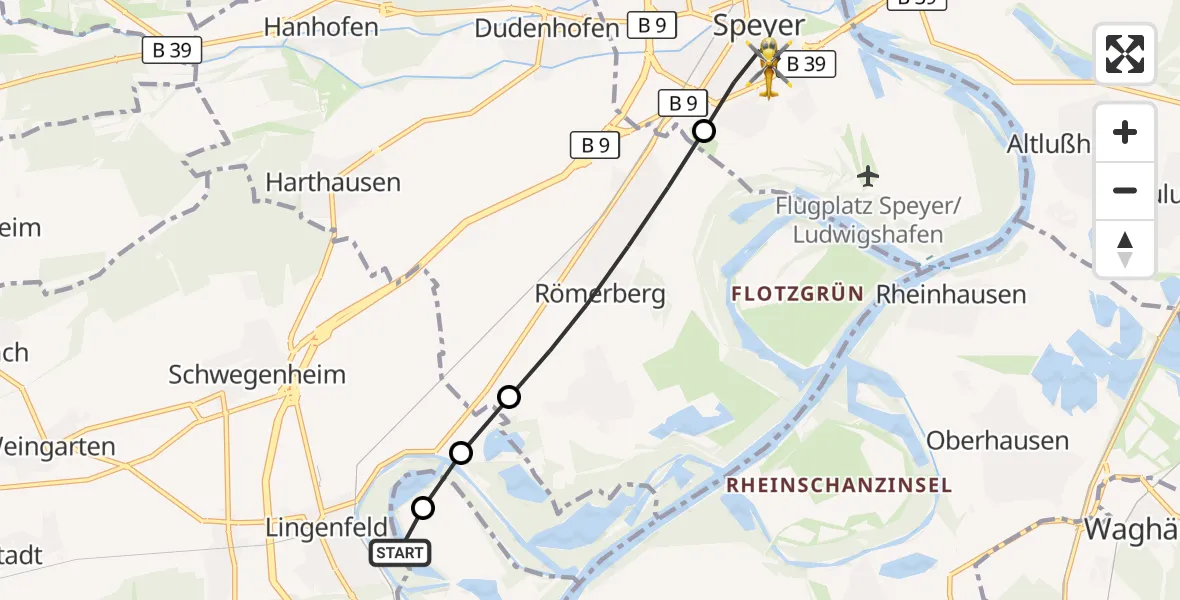 Flugroute Rettungshubschrauber Lingenfeld - Speyer, 27 September 2026, 16:52
