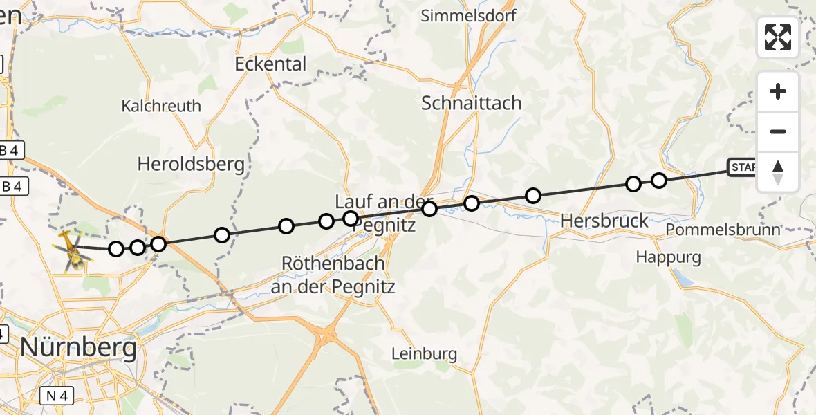 Flugroute Ambulanzhubschrauber Pommelsbrunn - Flughafen Nuremberg, 27 September 2026, 16:56