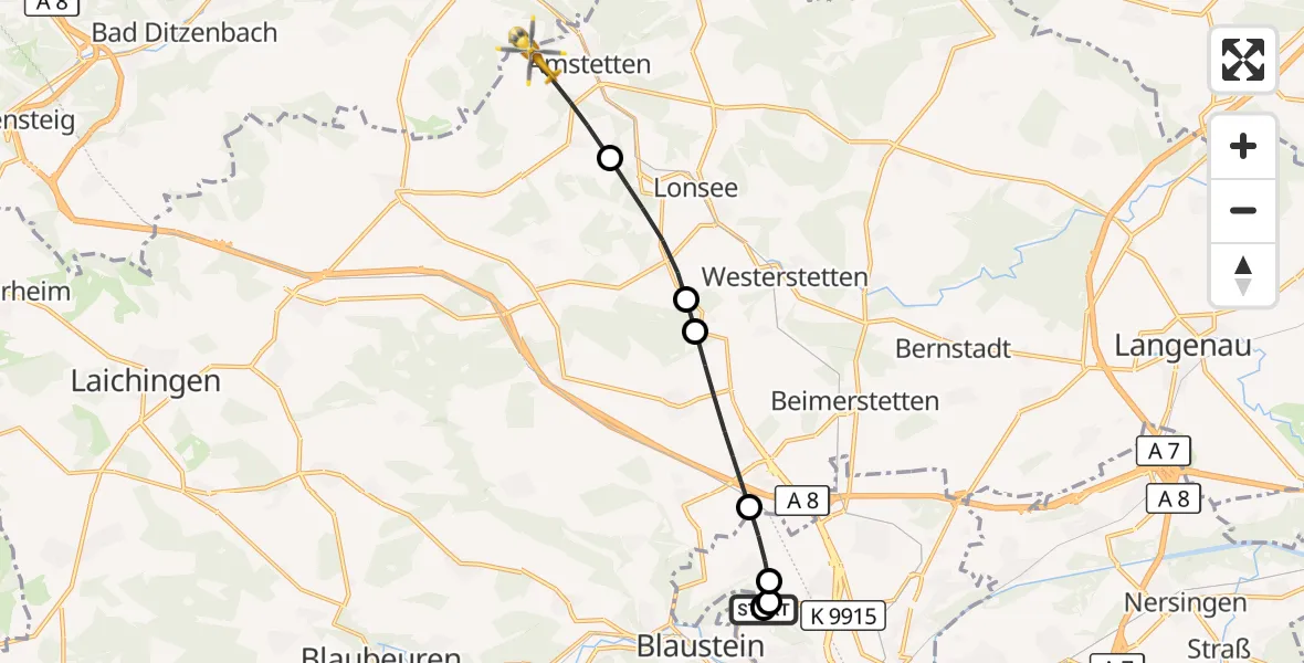 Flugroute Rettungshubschrauber Ulm Military Hospital Emergency - Amstetten, 27 September 2026, 16:57