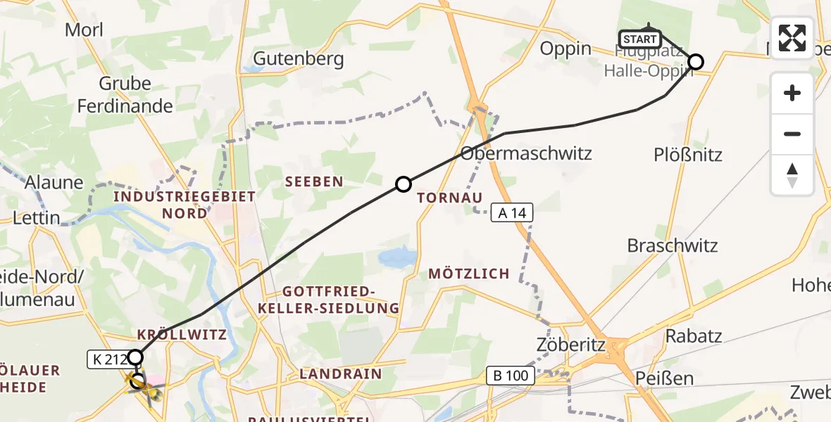 Flugroute Ambulanzhubschrauber Halle-Oppin Flugplatz - Halle (Saale) University Hospital, 27 September 2026, 17:01