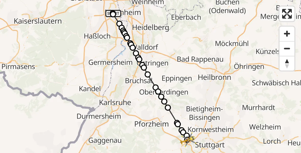 Flugroute Rettungshubschrauber Ludwigshafen Accident Hospital - Leonberg Hospital, 27 September 2026, 17:02