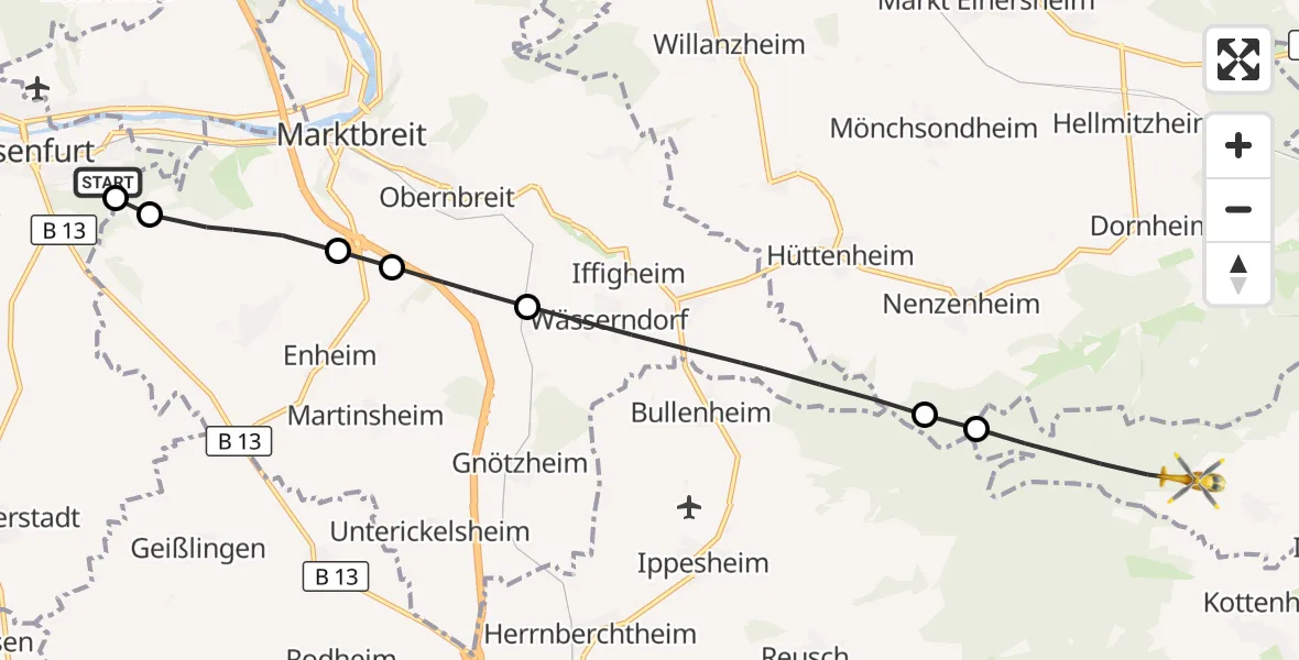 Flugroute Rettungshubschrauber Ochsenfurt Hospital - Sugenheim, 27 September 2026, 17:03