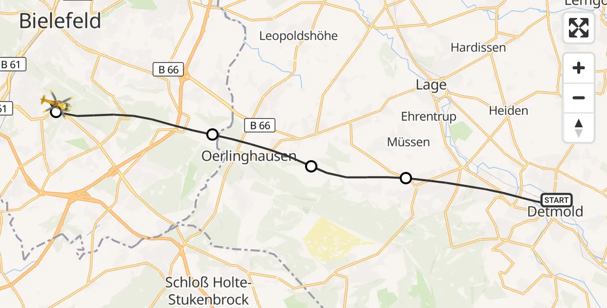 Flugroute Rettungshubschrauber Detmold - Luftrettungszentrum Bielefeld, 27 September 2026, 17:03