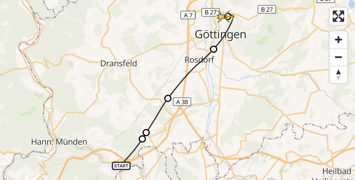 Flugroute Rettungshubschrauber Hann.Münden - Göttingen University Clinic Hubschrauberlandeplatz, 27 September 2026, 17:07