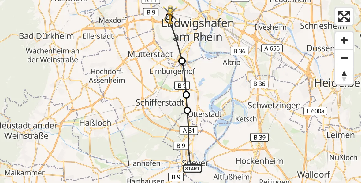 Flugroute Rettungshubschrauber Speyer - Ludwigshafen Accident Hospital, 27 September 2026, 17:09
