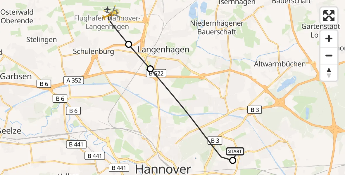 Flugroute Rettungshubschrauber Hannover Luftrettung Hubschrauberlandeplatz (Christoph 4) - Flughafen Hannover, 27 September 2026, 17:15