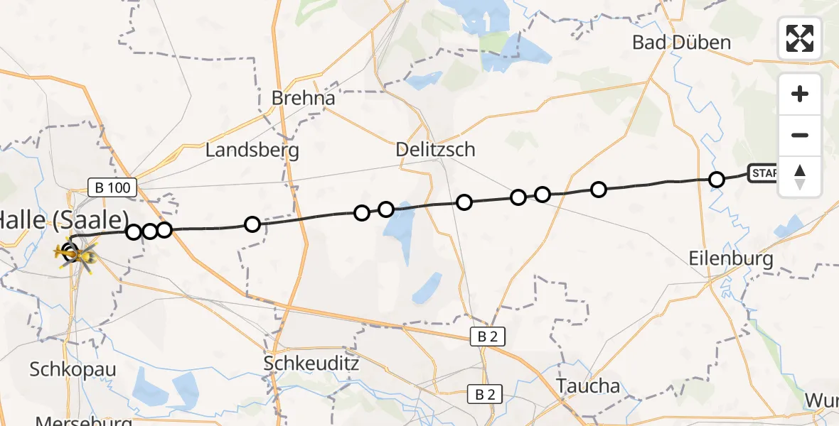Flugroute Rettungshubschrauber Doberschütz - BG Hospital Bergmannstrost Halle, 27 September 2026, 17:17