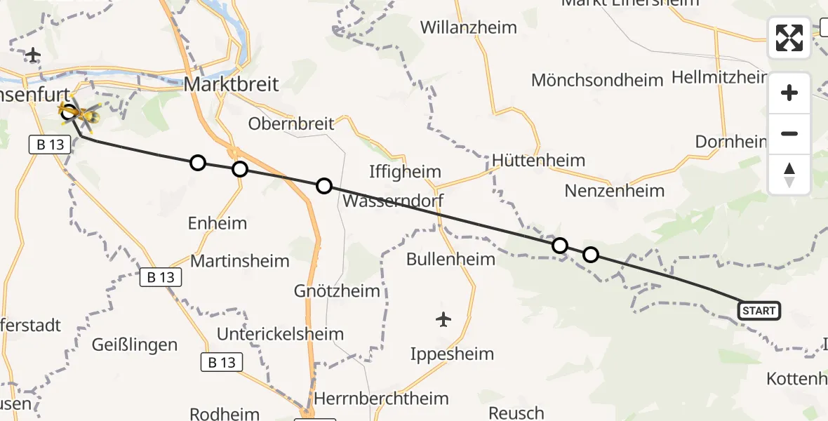 Flugroute Rettungshubschrauber Sugenheim - Ochsenfurt Hospital, 27 September 2026, 17:27