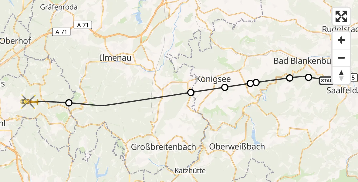 Flugroute Rettungshubschrauber Saalfeld/Saale - Suhl, 27 September 2026, 18:17