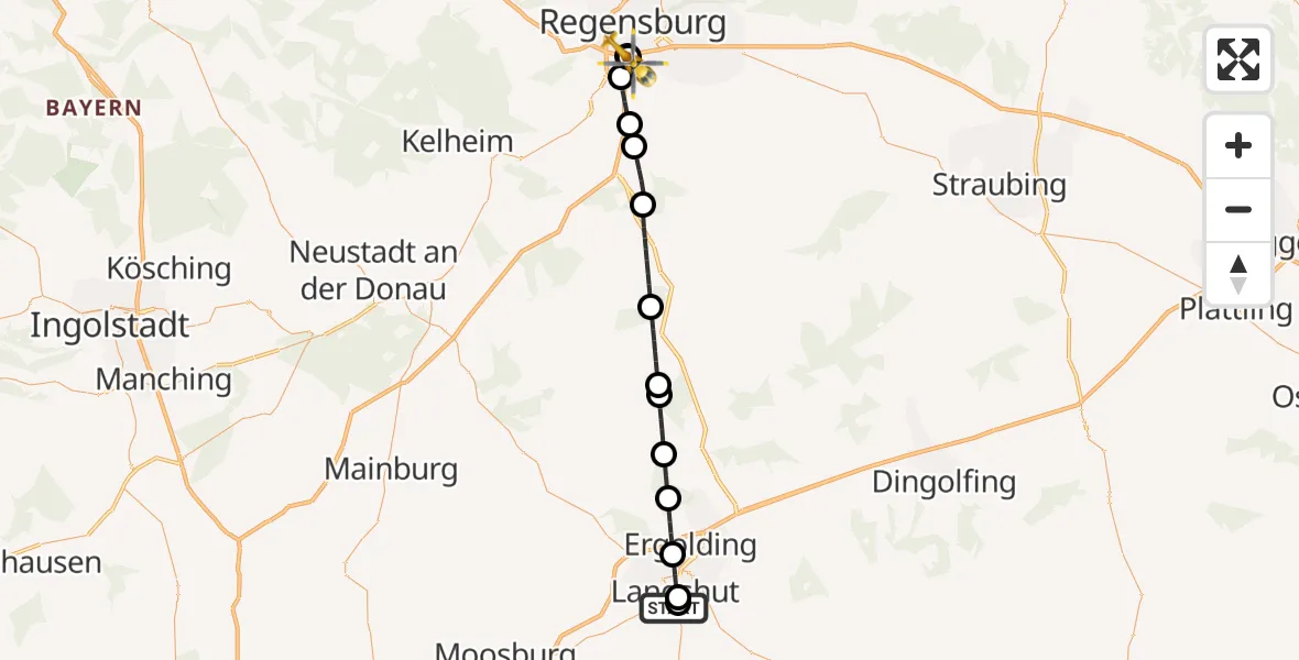 Flugroute Rettungshubschrauber Lakumed Hospital Landshut-Achdorf - DRF Air Rescue Station Regensburg / Regensburg University Hospital, 27 September 2026, 18:28