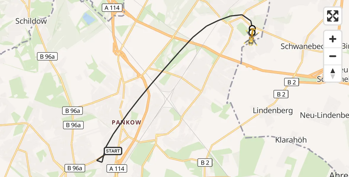 Flugroute Rettungshubschrauber Berlin - Helios Clinic Berlin-Buch, 27 September 2026, 19:25