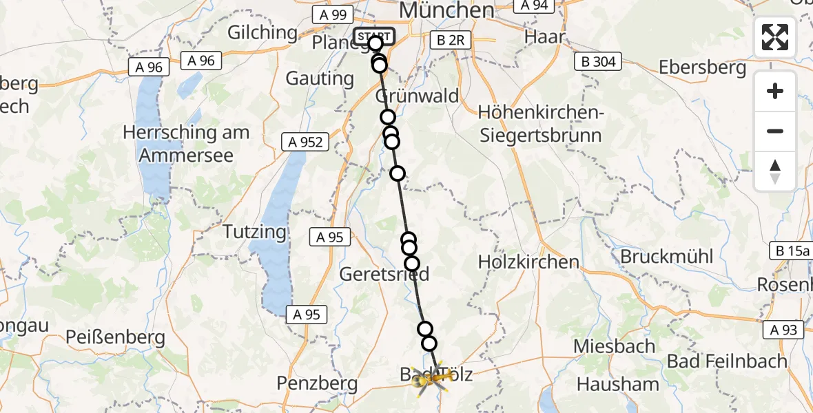 Flugroute Rettungshubschrauber DRF Air Rescue München Hubschrauberlandeplatz - Asklepios Clinic Bad Tölz, 27 September 2026, 20:55
