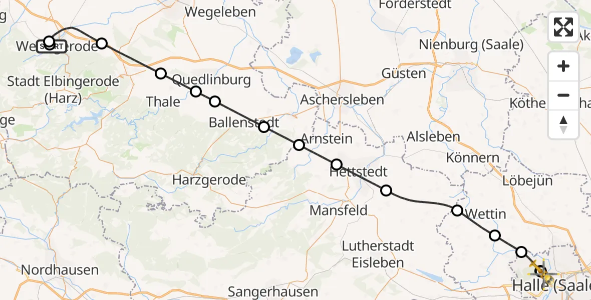 Flugroute Rettungshubschrauber Harz Hospital Wernigerode - Halle (Saale) University Hospital, 27 September 2026, 21:33