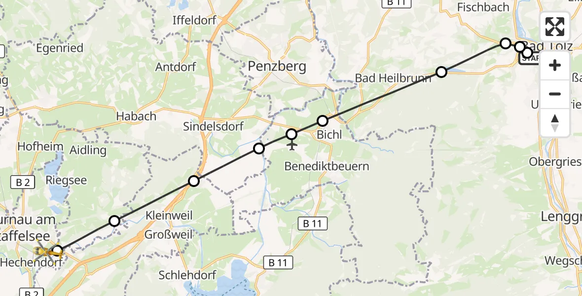 Flugroute Rettungshubschrauber Asklepios Clinic Bad Tölz - Murnau a.Staffelsee, 27 September 2026, 21:34