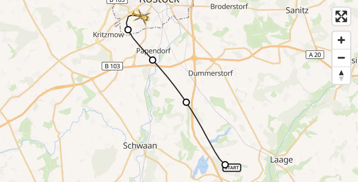Flugroute Rettungshubschrauber Flughafen Rostock-Laage - Rostock, 27 September 2026, 21:56