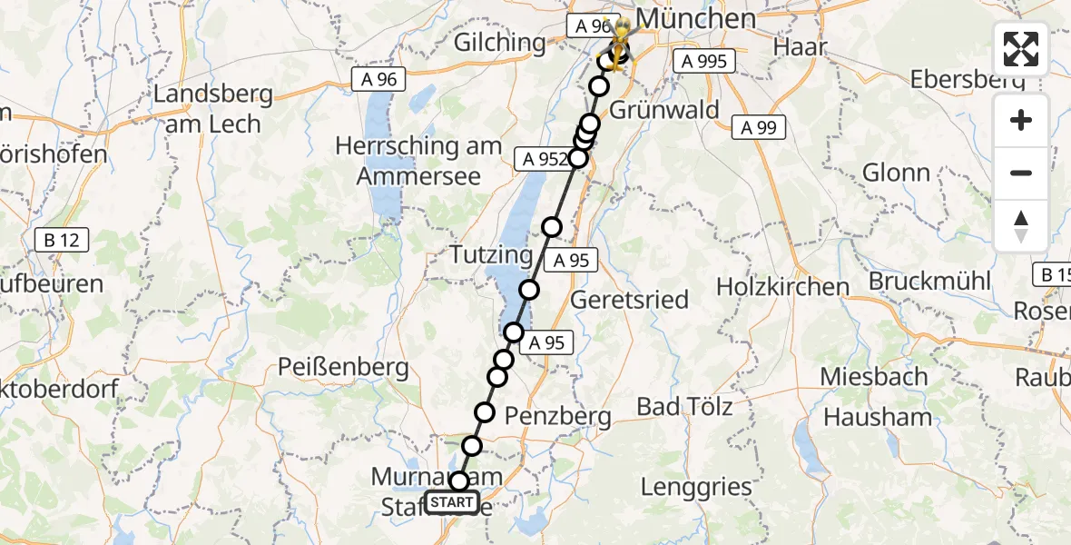 Flugroute Rettungshubschrauber Murnau a.Staffelsee - DRF Air Rescue München Hubschrauberlandeplatz, 27 September 2026, 22:05