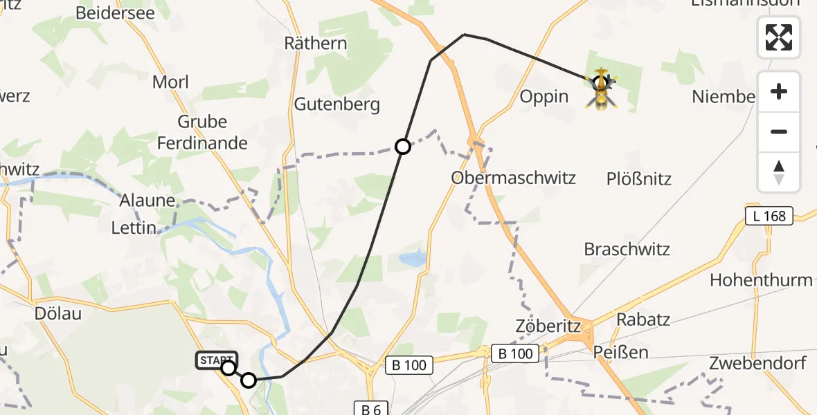 Flugroute Rettungshubschrauber Halle (Saale) University Hospital - Halle-Oppin Flugplatz, 27 September 2026, 22:44