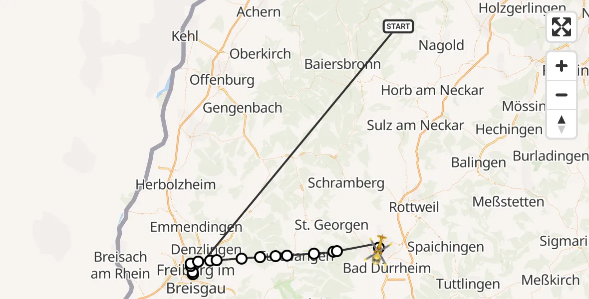 Flugroute Ambulanzhubschrauber Altensteig - DRF Air Rescue Station Villingen-Schwenningen Hubschrauberlandeplatz (Christoph 11), 28 September 2026, 00:24
