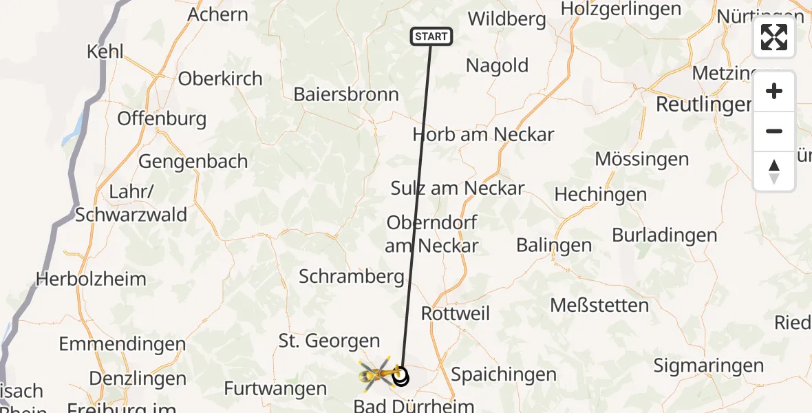 Flugroute Ambulanzhubschrauber Altensteig - Villingen-Schwenningen, 28 September 2026, 05:09