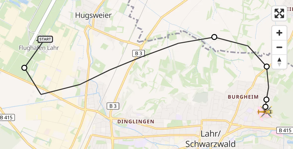 Flugroute Rettungshubschrauber Lahr Flughafen - Ortenau Hospital Lahr-Ettenheim, 28 September 2026, 05:15