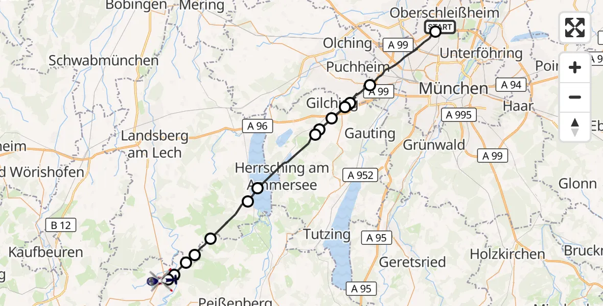 Flugroute Polizeihubschrauber Oberschleißheim - Schongau, 28 September 2026, 05:17
