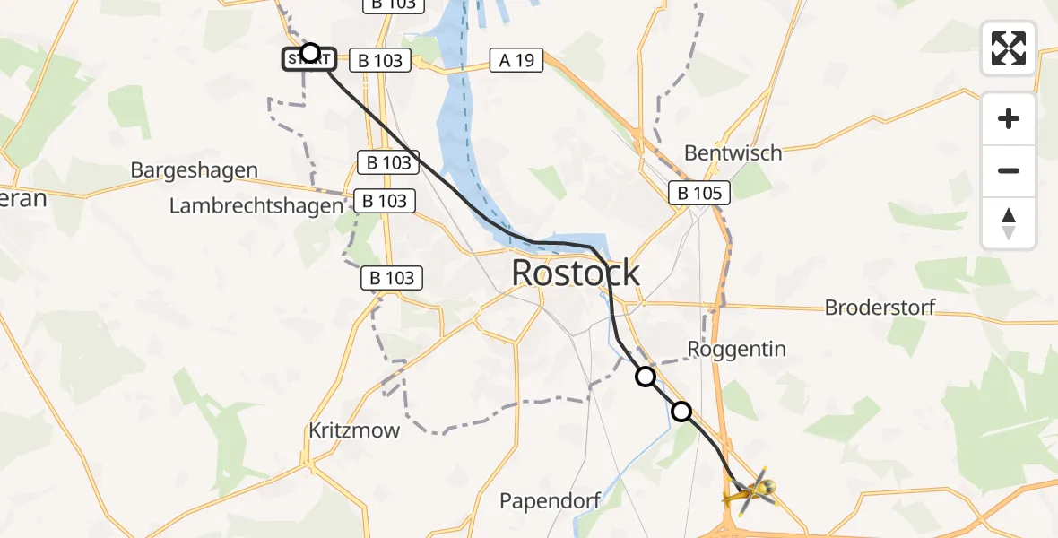 Flugroute Ambulanzhubschrauber Elmenhorst/Lichtenhagen - Dummerstorf, 28 September 2026, 05:37