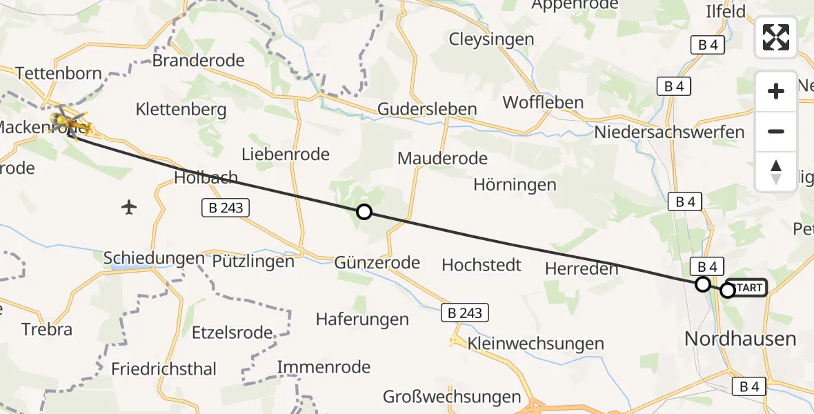 Flugroute Rettungshubschrauber Südharz Hospital Nordhausen - Hohenstein, 28 September 2026, 05:54