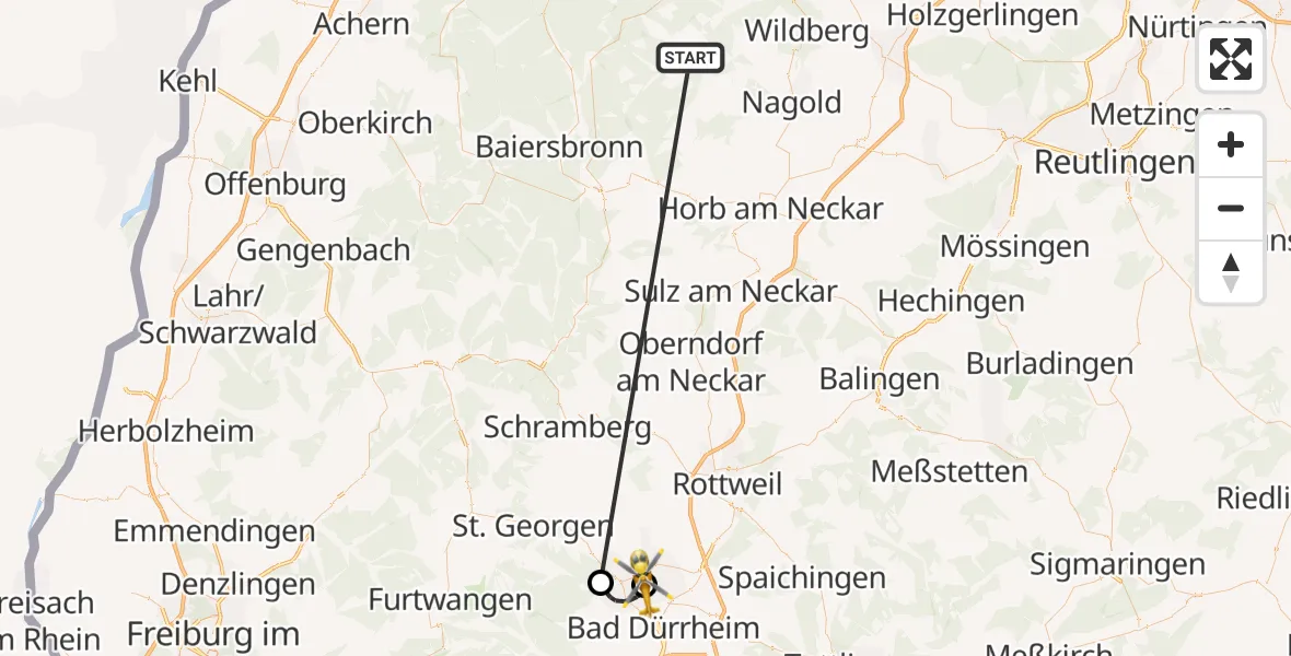 Flugroute Ambulanzhubschrauber Altensteig - DRF Air Rescue Station Villingen-Schwenningen Hubschrauberlandeplatz (Christoph 11), 28 September 2026, 05:57