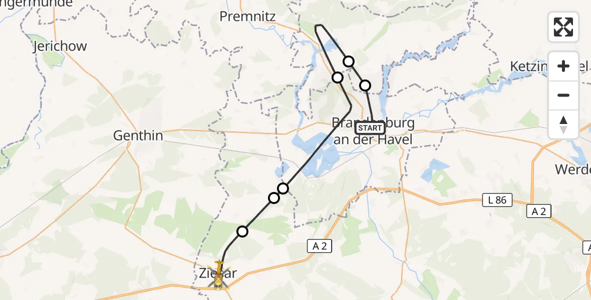 Flugroute Rettungshubschrauber Brandenburg an der Havel - Ziesar, 28 September 2026, 06:12