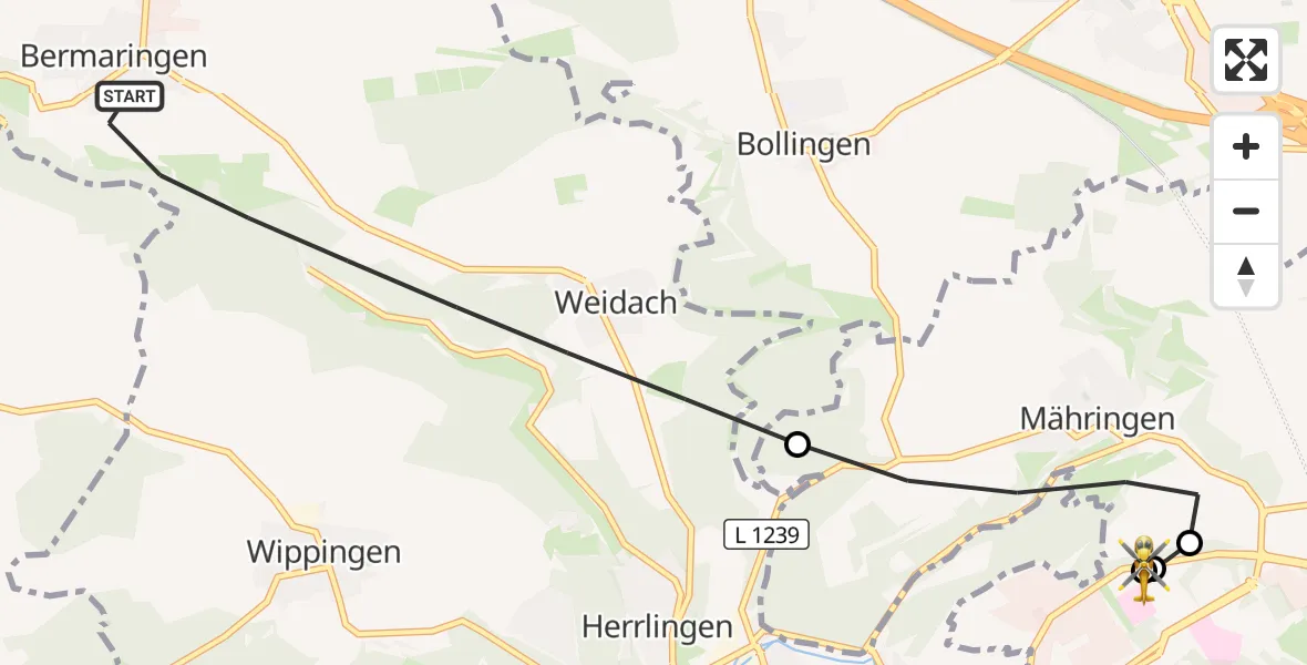 Flugroute Rettungshubschrauber Blaustein - ADAC Air Rescue Station Ulm (Christoph 22), 28 September 2026, 06:15